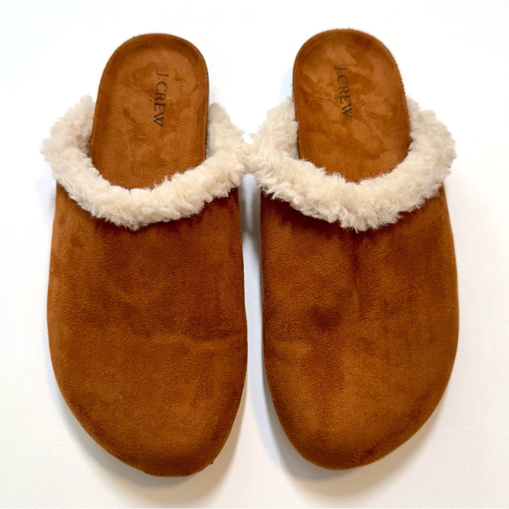 J. Crew Chestnut Brown Faux-Suede Faux-Fur Lined Slip-On Slippers